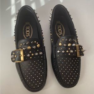Tod’s Women’s Studded Black Leather Loafers, Gommino Driving Shoes, US 6 or 36
